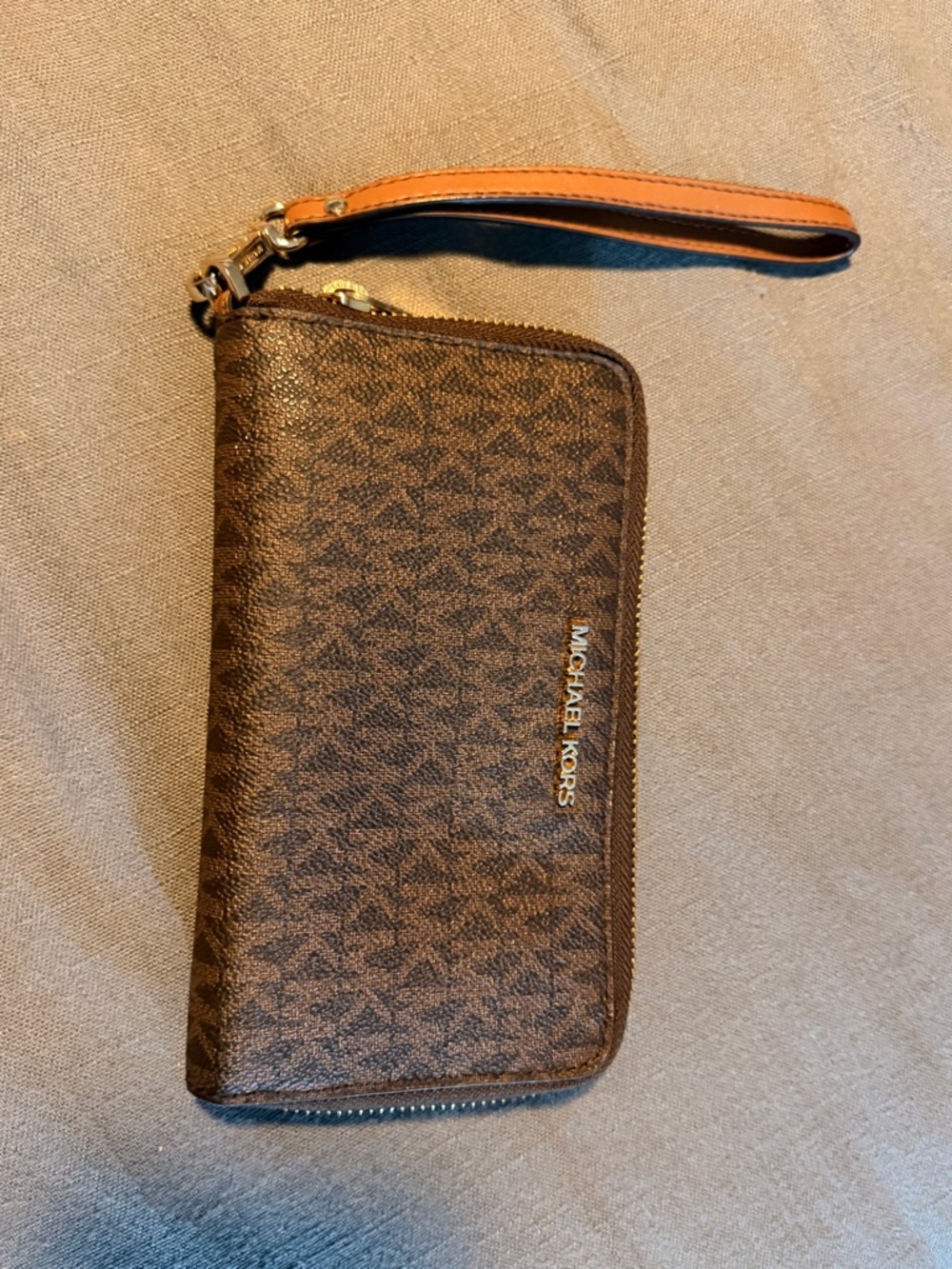 Michael Kors Brown Monogram Zip Wallet Wristlet with Tan Strap
